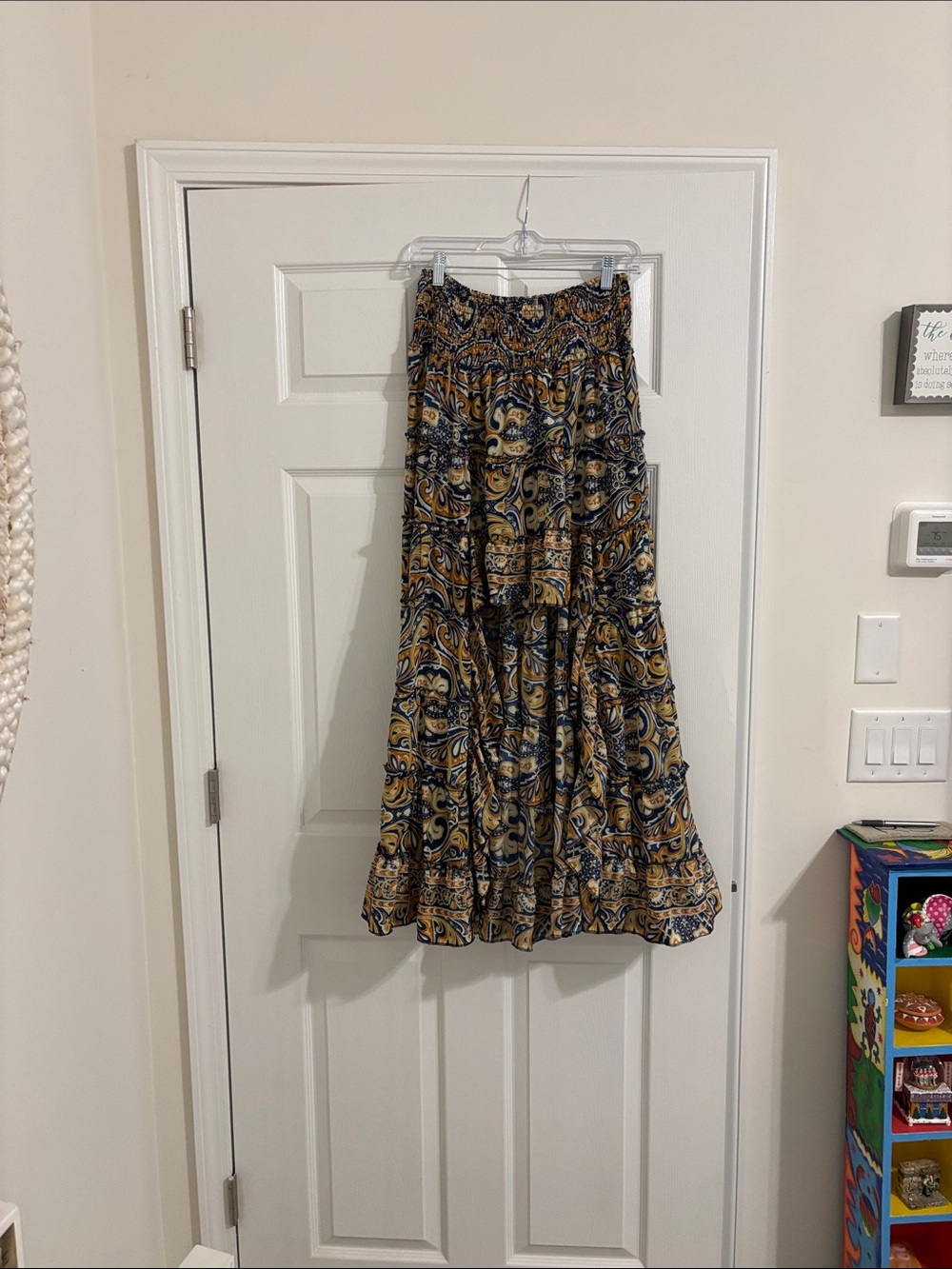Bohemian Navy and Mustard Printed MaxiHi Lo  Skirt